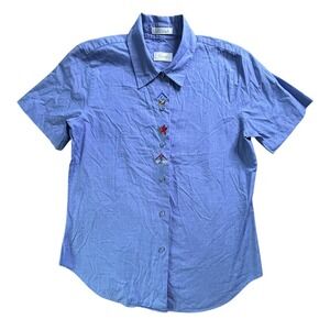 Foxcroft Blouse Womens Size 4 Blue with Bird Embroidery Button Up S/S Shirt Top